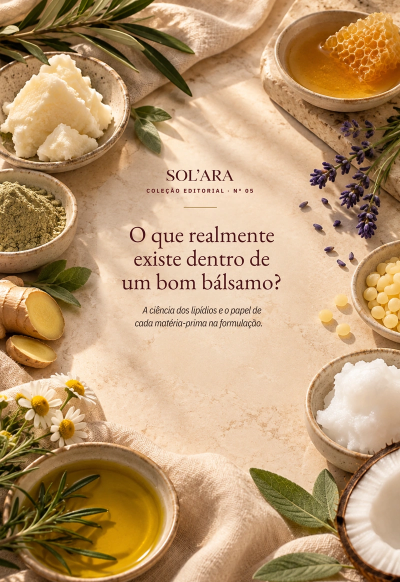 Capa do e-book Nº 05, “O que realmente existe dentro de um bom bálsamo?”, com matérias-primas ao redor de uma pedra clara.