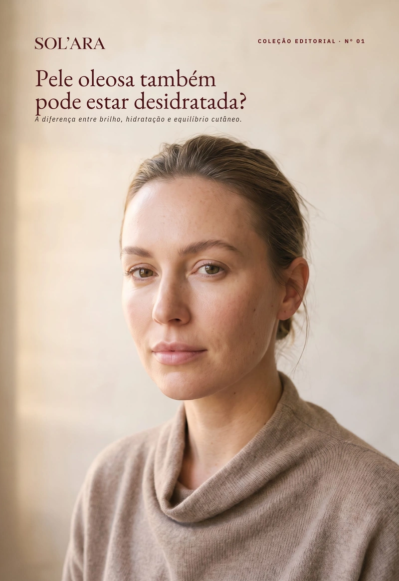 Capa do e-book Nº 01, “Pele oleosa também pode estar desidratada?”, com retrato em luz natural diante de uma parede clara.