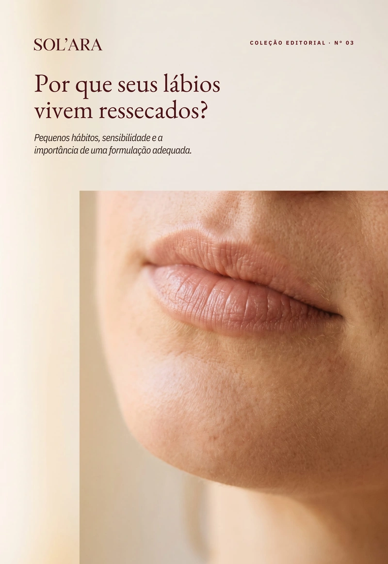 Capa do e-book Nº 03, “Por que seus lábios vivem ressecados?”, com recorte fotográfico de lábios sobre fundo creme.
