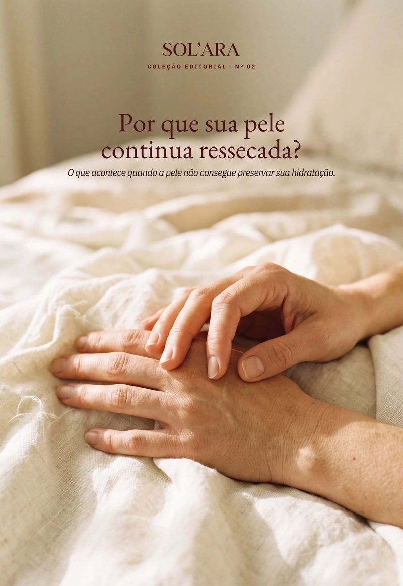 Capa do e-book Nº 02, “Por que sua pele continua ressecada?”, com mãos apoiadas sobre um lençol de linho claro.