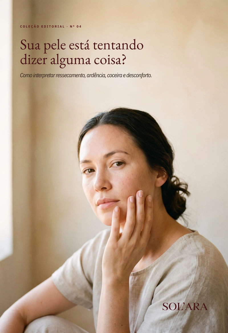 Capa do e-book Nº 04, “Sua pele está tentando dizer alguma coisa?”, com retrato de uma pessoa com a mão apoiada no rosto.