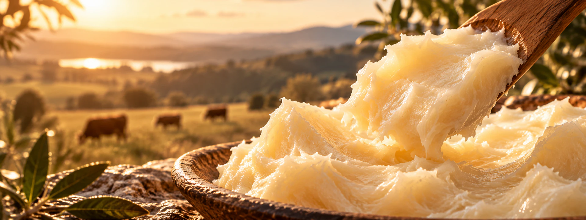 Tallow purificado, cremoso e marfim, em tigela de madeira e colher de pau, com um campo de pastagem ao fundo sob a luz quente do fim de tarde.