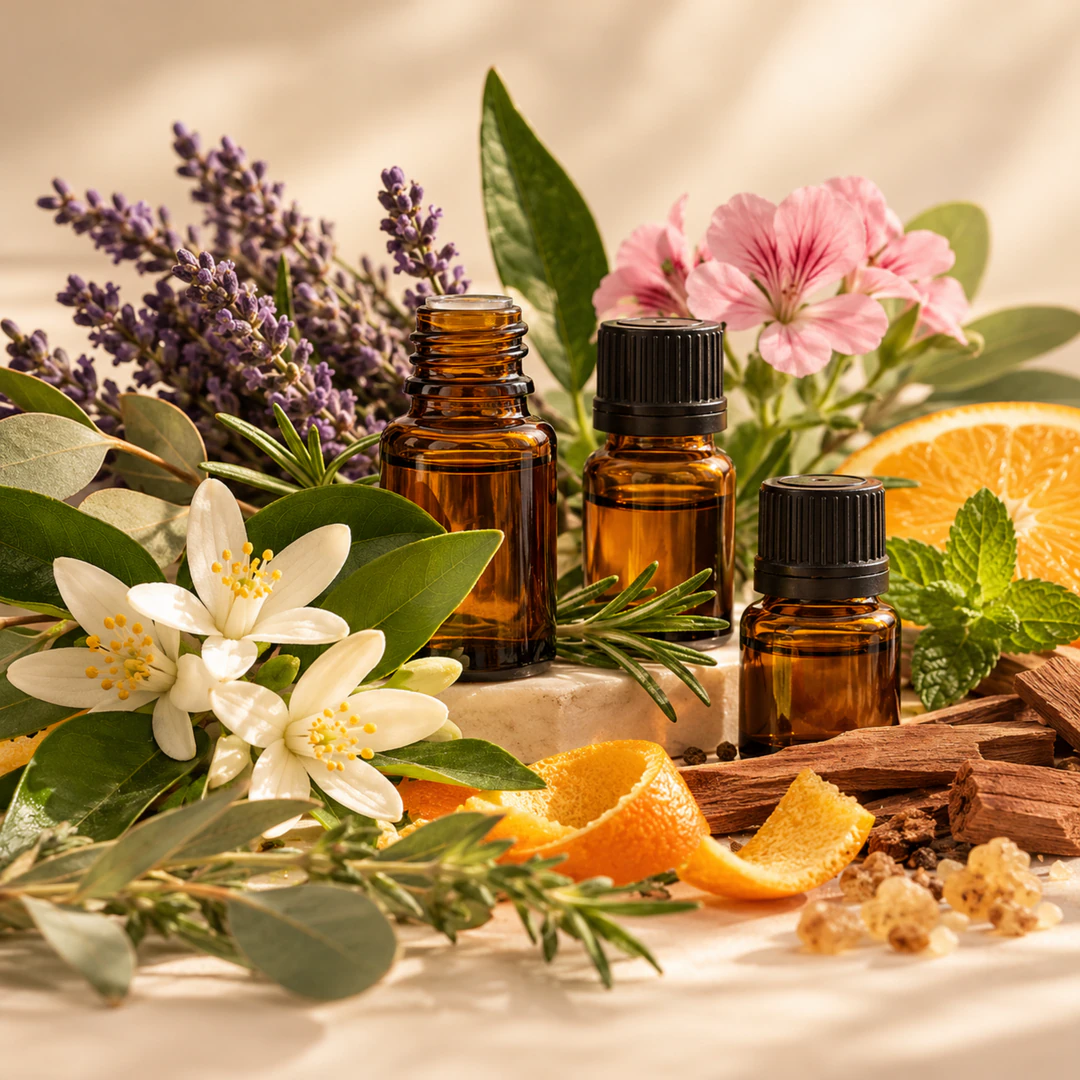Frascos de vidro âmbar entre flores, folhas, cascas cítricas, madeiras e resinas, em composição ilustrativa da categoria de óleos essenciais