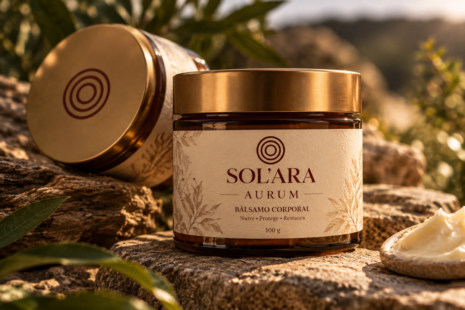 Pote de vidro âmbar de AURUM, com tampa dourada e rótulo creme, sobre pedra sob luz quente de fim de tarde
